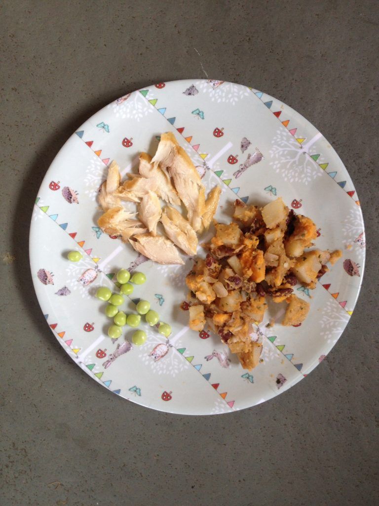 Sweet potato & aduki bean hash with mackerel & fresh peas