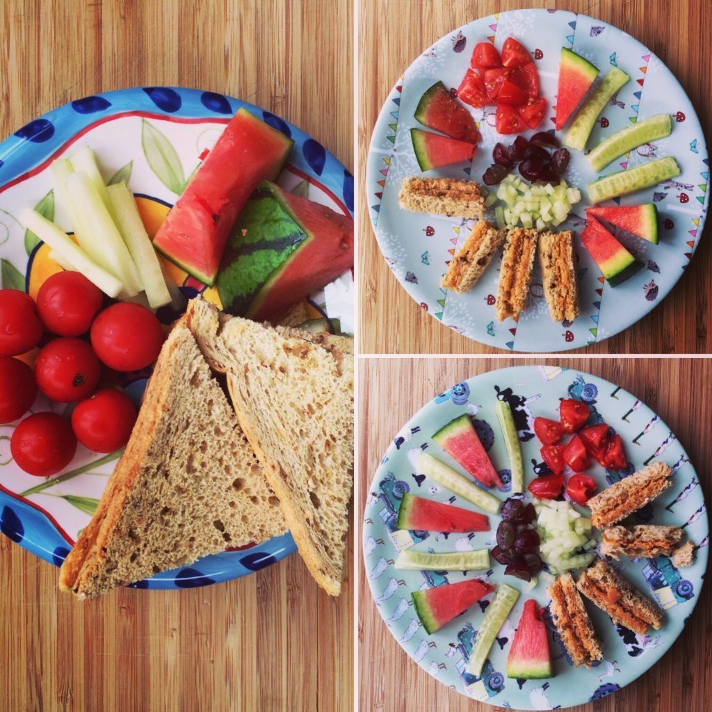 Salmon sandwiches with cucumber, cherry tomatoes, watermelon & grapes