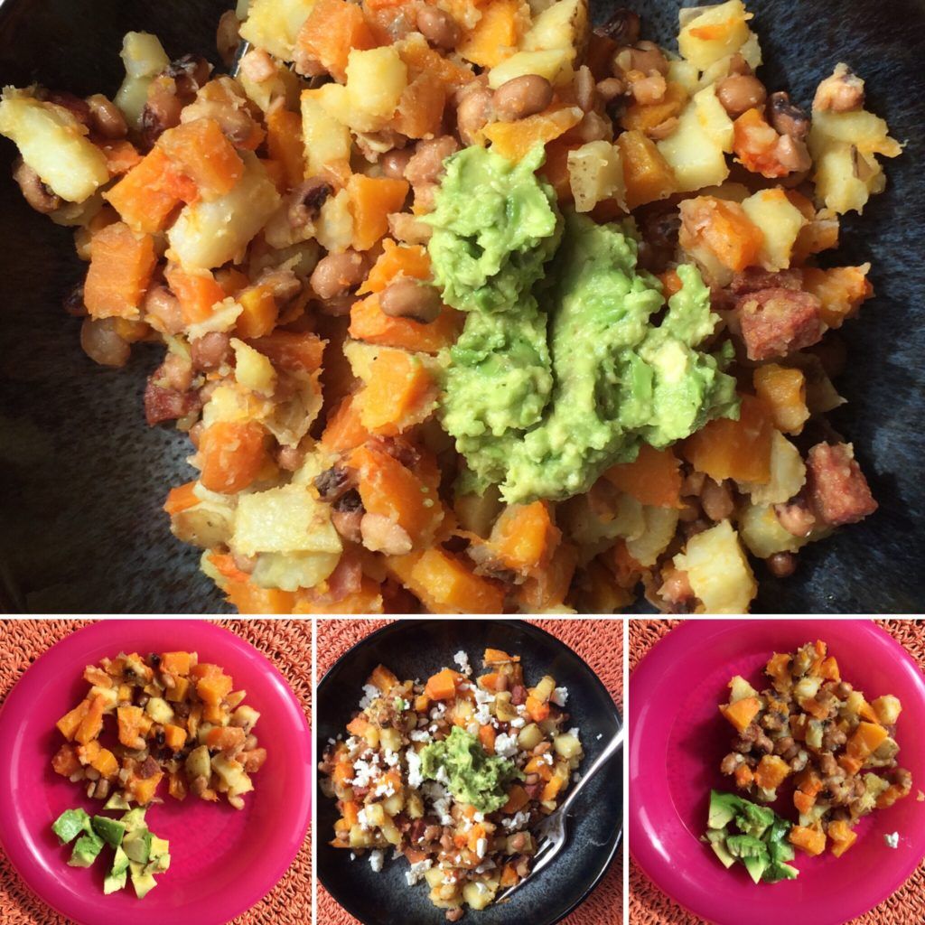 Squash and black eye bean hash, served with avocado