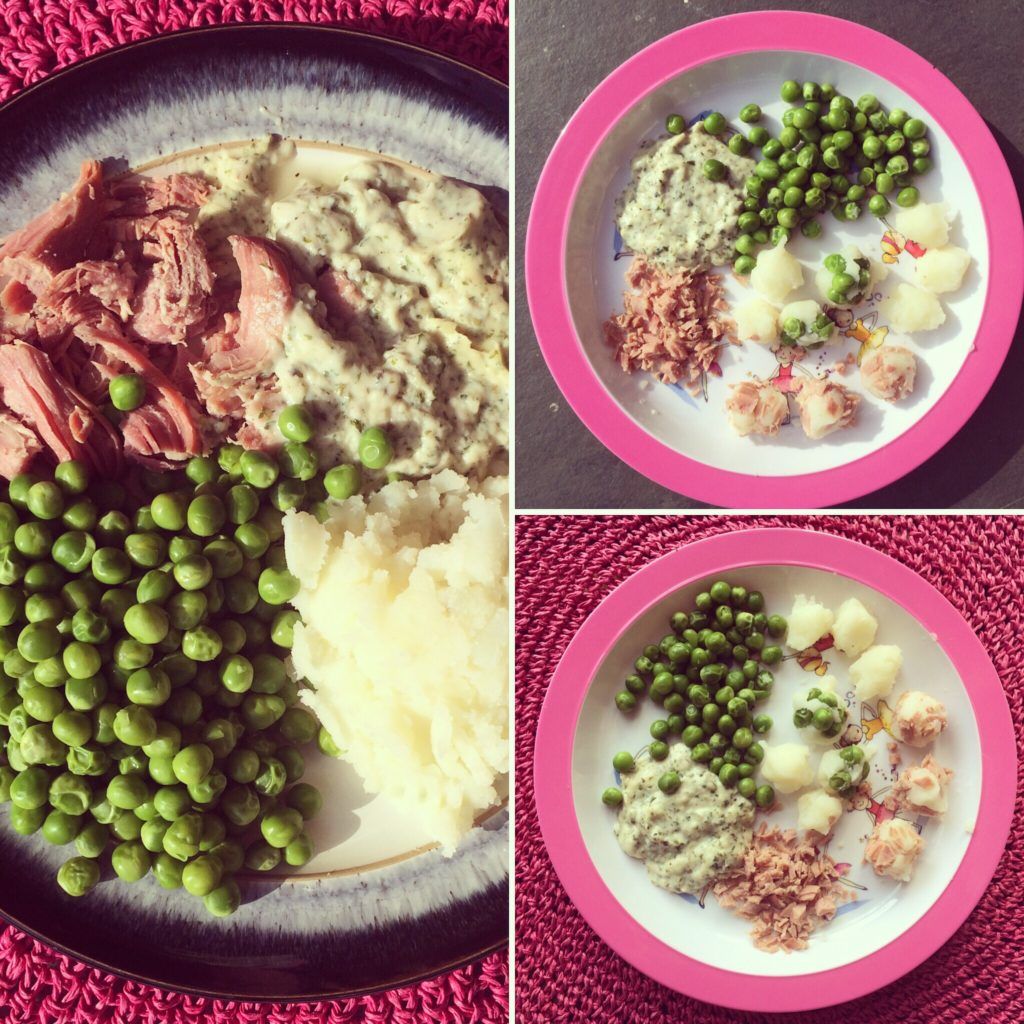 Ham and potato balls with peas and parsley sauce