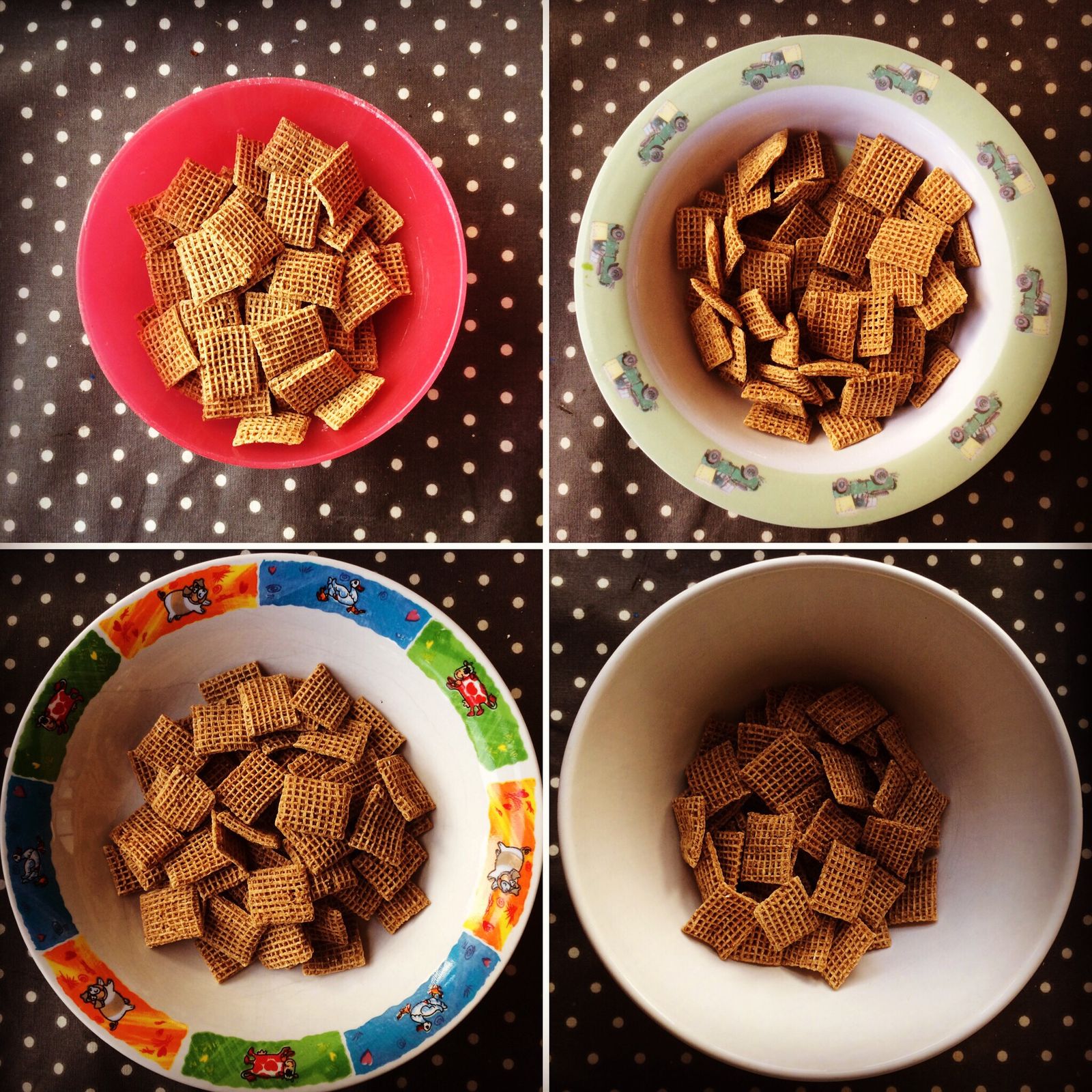 Which bowl has the most cereal in it?
