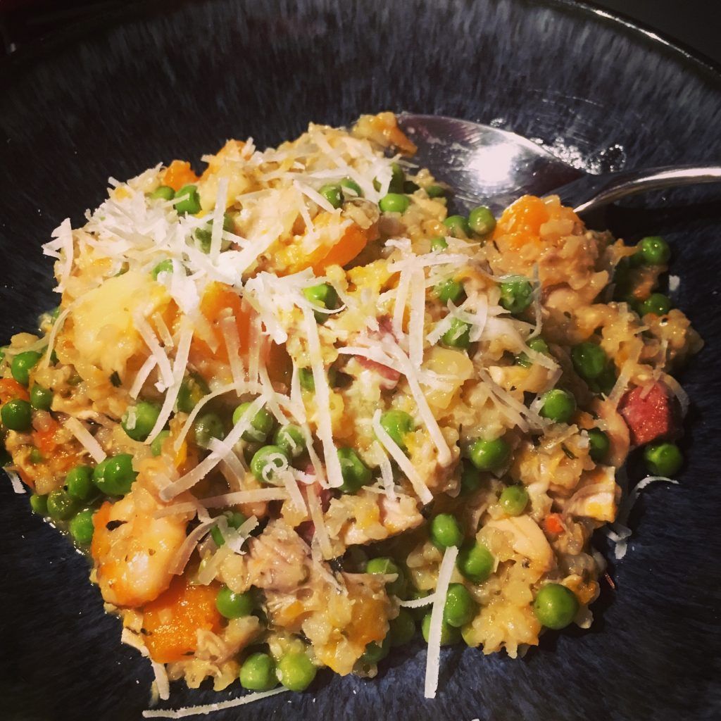 Squash & sage, prawn, chicken & chorizo risotto (worth the multi meat!)